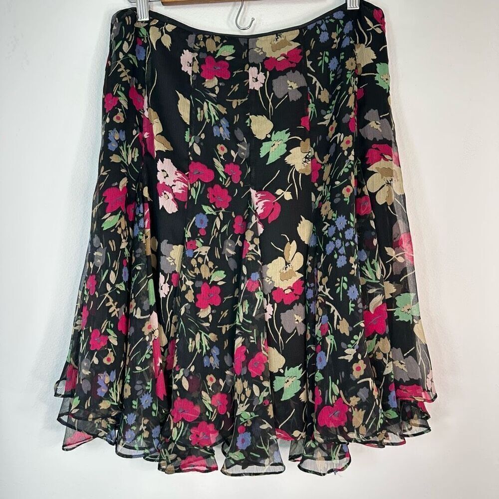 Lauren Ralph Lauren Black Floral A-Line Skirt with Pink, Green & Gold Accents